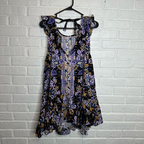 Free People Tunic Summer In Tulum Purple Floral Linen Blend size Large - Picture 4 of 6